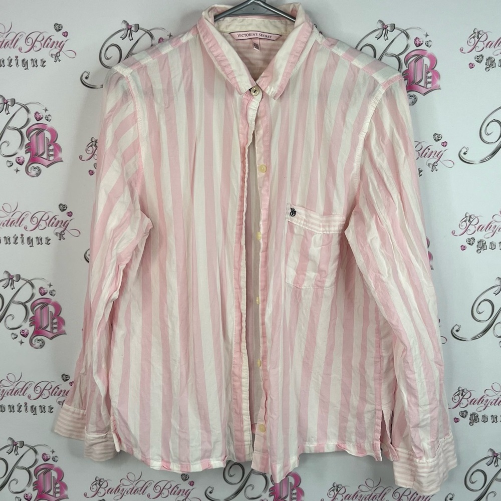 Victoria's Secret button stripes white Light Pink Striped Shirt embroidered
